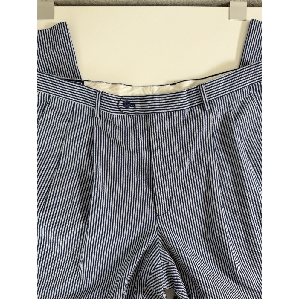 Paul Frederick Mens Seersucker Chino Pants 38x32 Double Pleated Blue White